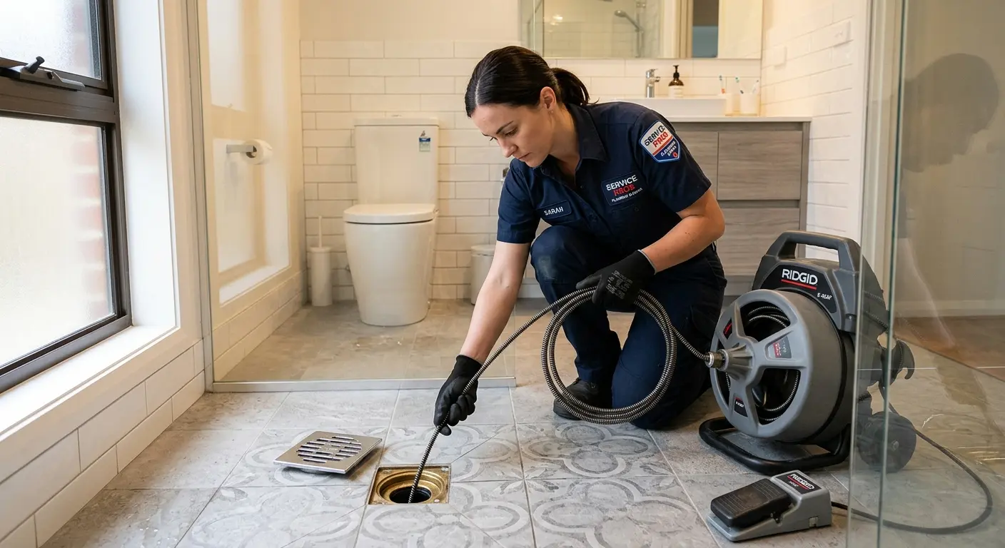 Technician clearing a bathroom floor drain for Sewer Line Installation in Cedar Hills